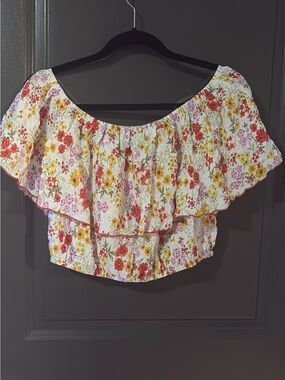 Floral Ruffle Off-Shoulder Crop Top - White with Red, Pink & Yellow Flowers